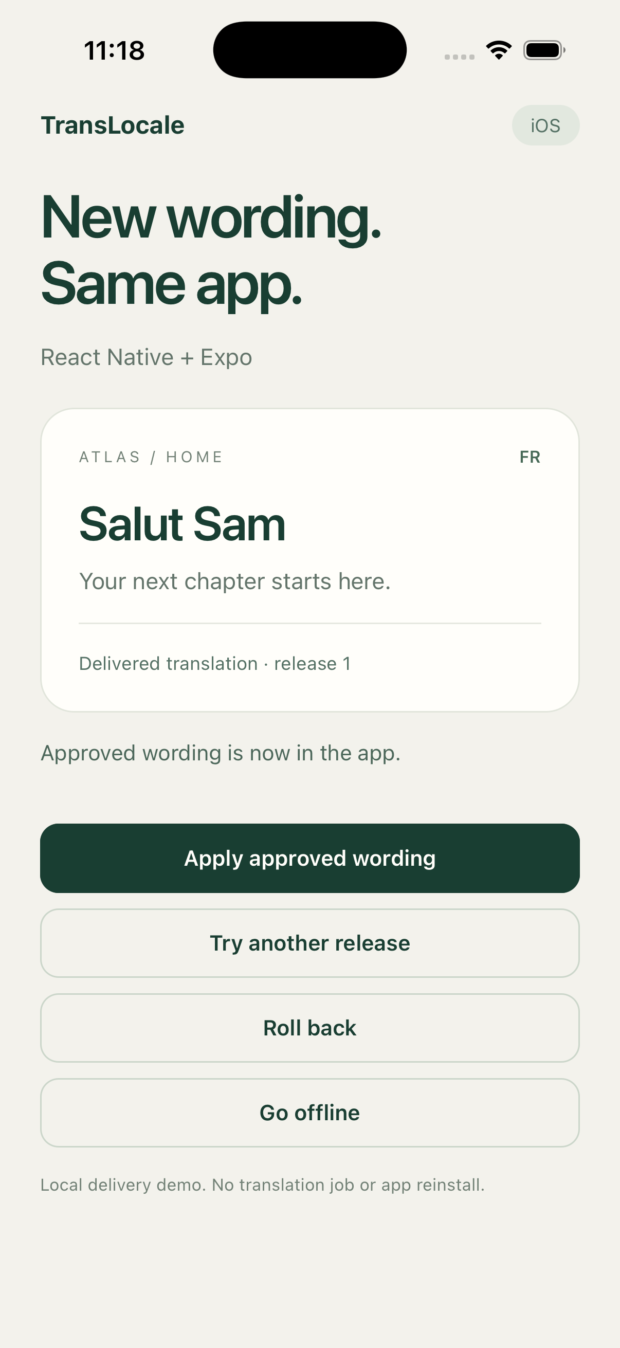 The iOS app displays Salut Sam after receiving approved wording.