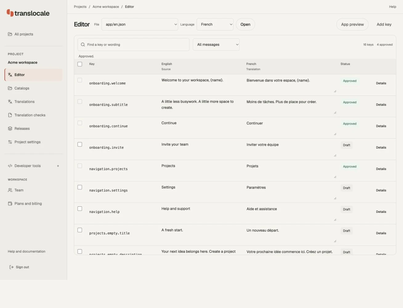 TransLocale editor showing English source strings, French translations, and draft and approved statuses.